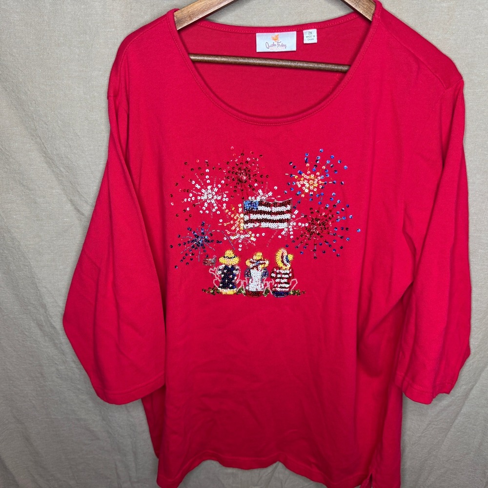 Quacker Factory Bright Red Sequin Flag & Fireworks Long Sleeve Tee